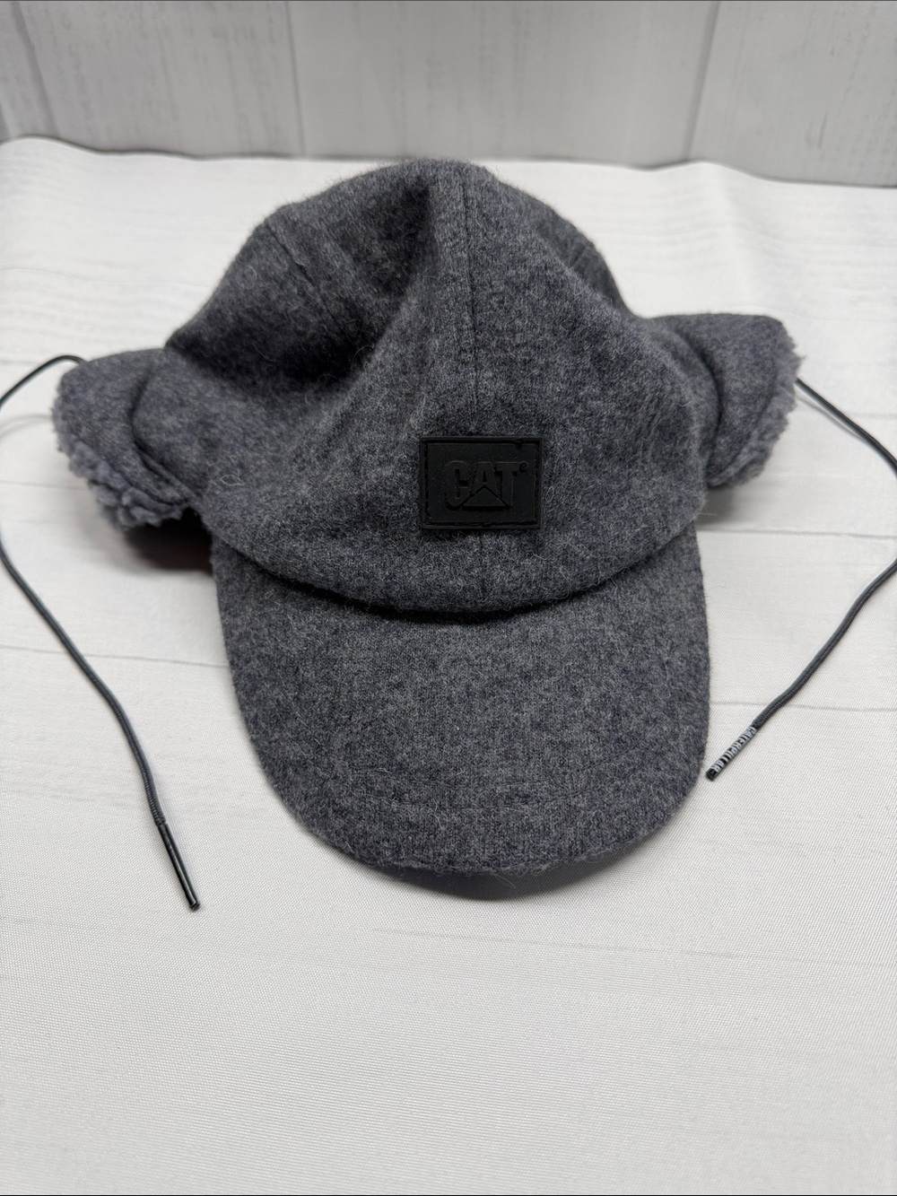 CAT Caterpillar Gray Felted Wool Blend Winter Earflap Trapper Cap Hat One Size